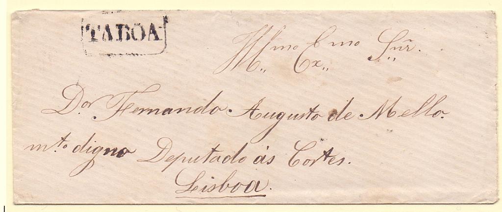 2507 f.jpg -     Lote:    2507 (frente)      Lotes pelo Correio      Portugal        Descrição:         Carimbos nominativos. 1867/70 &mdash; D. Luís I, fita curva. Denteados. CE30, 25 reis carmim em sobrescrito circulado de Tábua para Lisboa (30.05.69). Carimbo batido a preto "TABOA".        Carta       Valor Base:     &euro; 8,00     Valor Venda:     Retirado     
